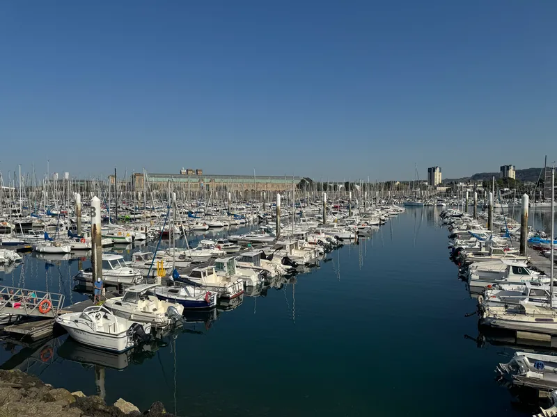 Les pontons du port Chantereyne à Cherbourg, avec au fond la longue toiture verte de l'ancienne gare maritime transatlantique
