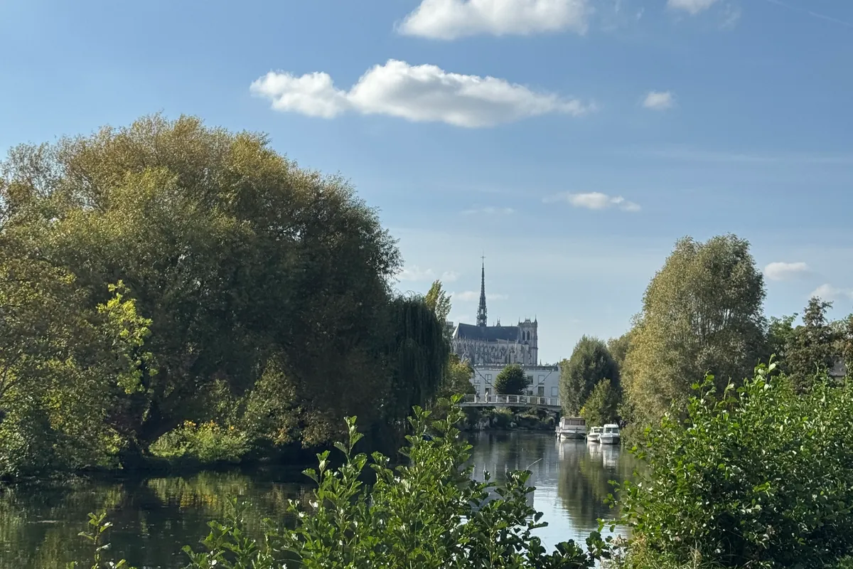 La flèche de la cathédrale au-dessus des arbres, vue du chemin de halage (septembre 2026)