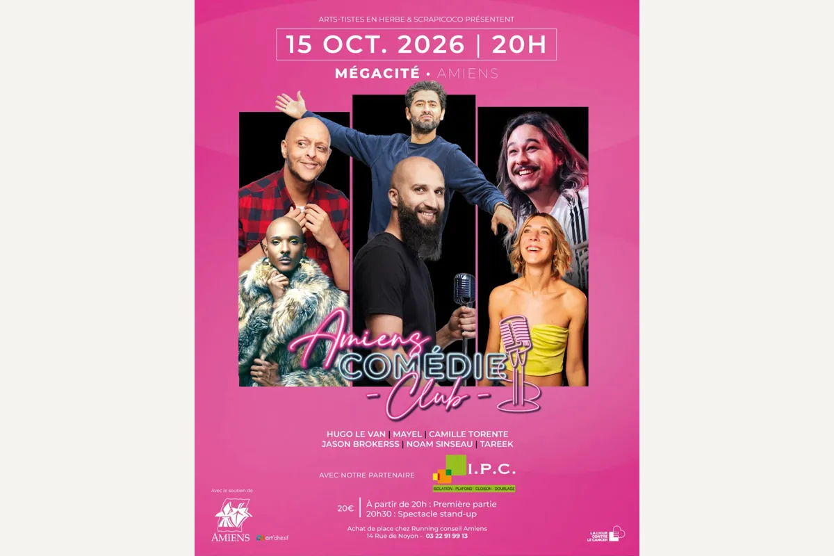 El cartel de la noche del 15 de octubre de 2026 en MégaCité: las fotos de los seis humoristas sobre fondo rosa, con los horarios y el precio