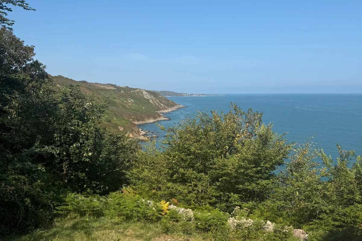 Les falaises de Gréville-Hague plongeant dans la mer, vues du sentier du littoral au-dessus de Landemer (août 2026)